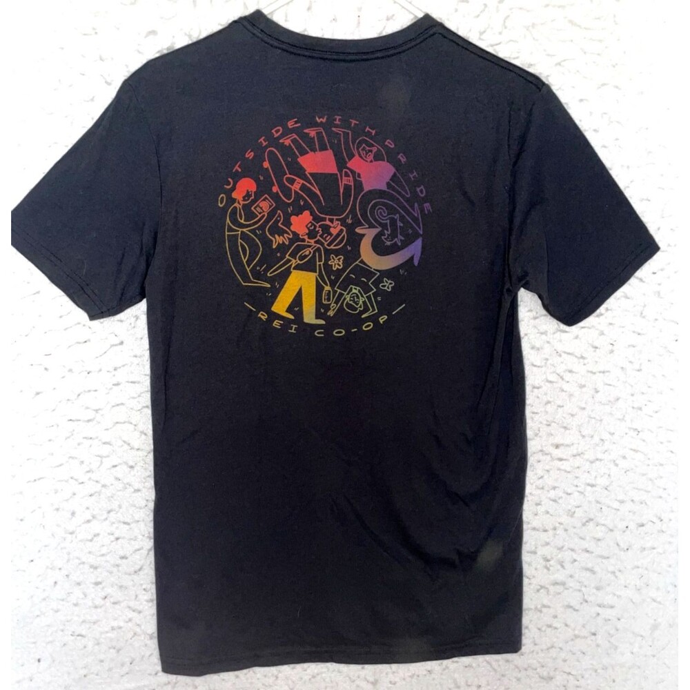 REI Co Op Outside with Pride Unisex T-shirt XS Black Rainbow Double Side Crew
